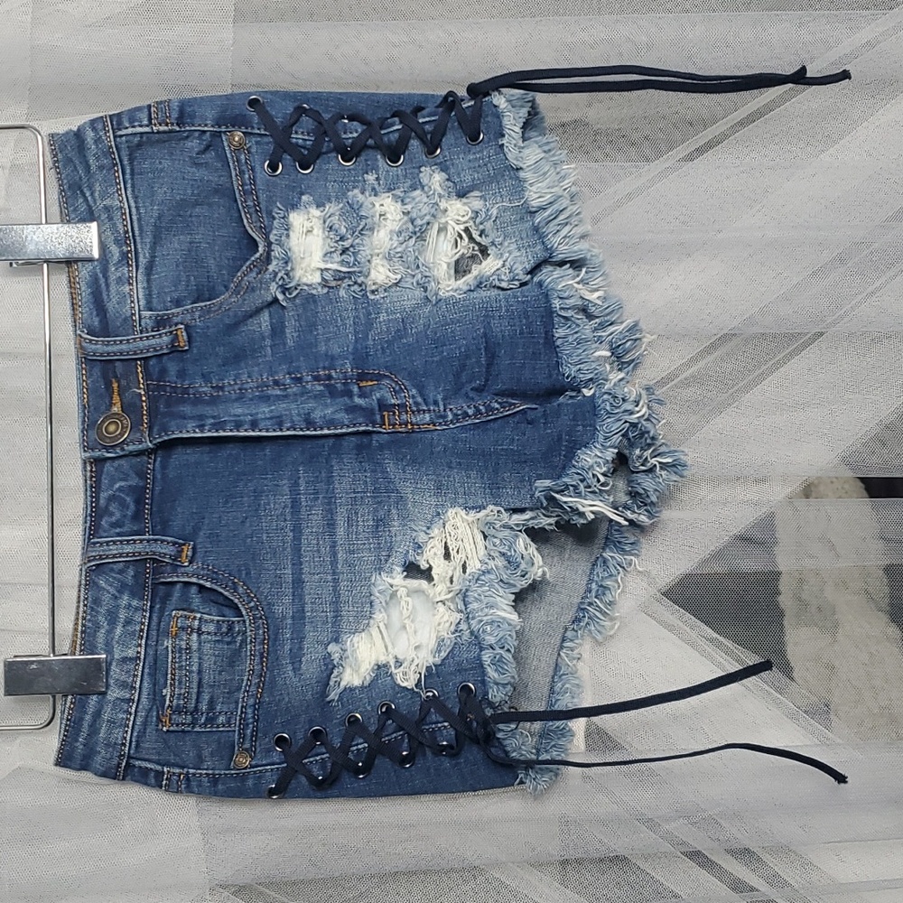 High Waist Distressed Denim Lace-up Shorts from Love Culture SM Blue